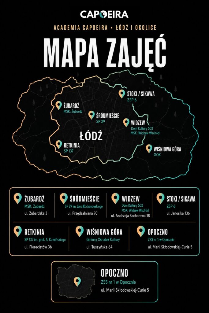 Mapa zajęć capoeiry w Łodzi i okolicach – lokalizacje Academia Capoeira