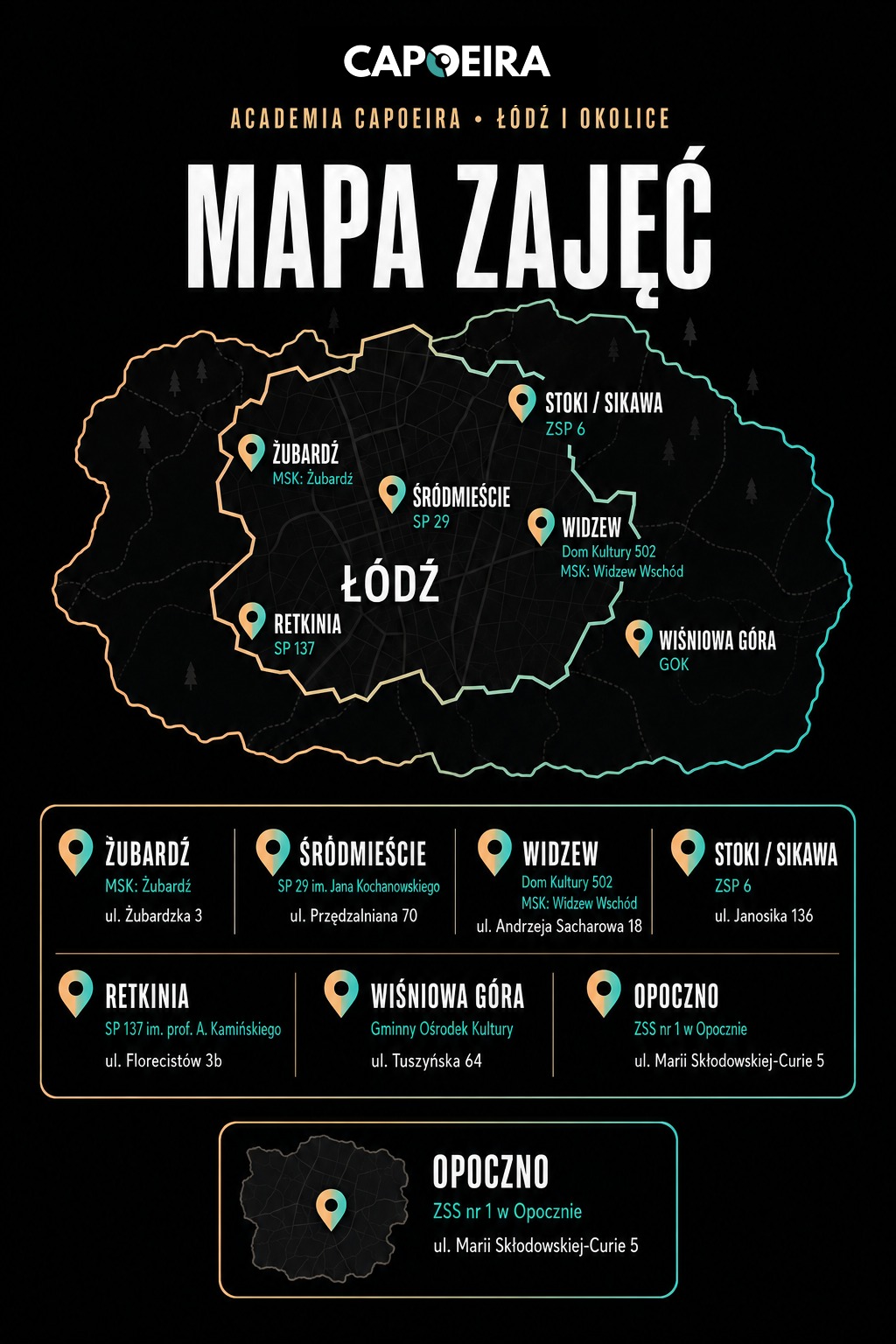 Mapa zajęć capoeiry w Łodzi i okolicach – lokalizacje Academia Capoeira